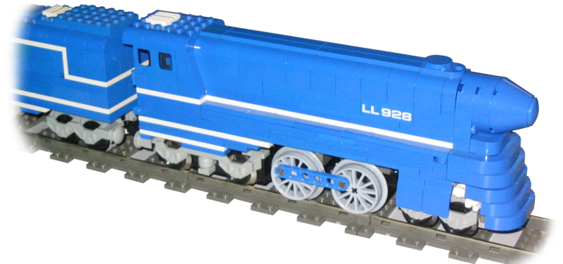 Blue streamliner steam engine by Ben Fleskes using Big Ben Bricks train wheels